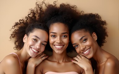 Multi ethnic beauty fashion hair, face and head skin care. Group of girls lies on beige background. High quality