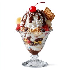 Close up of a sundae in a glass with whipped cream chocolate syrup and a cherry on top isolated