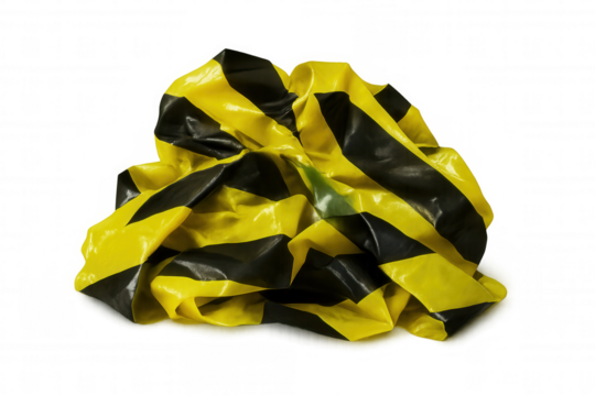 Crumpled yellow and black barrier tape, a symbol of danger, warning, caution, and hazard. Transparent background