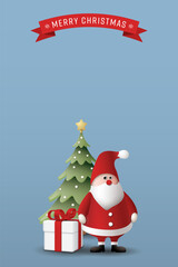 3D cute Santa Claus, gift box and decorated Christmas tree with Merry Christmas calligraphy in red ribbon on night vertical background.