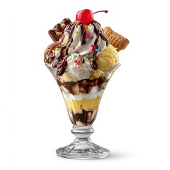 A sundae in a glass with ice cream, chocolate syrup, whipped cream, and a cherry on top on white background