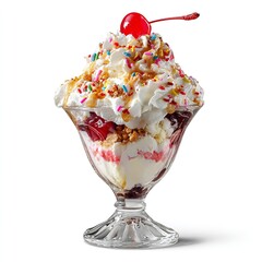 A sundae in a glass with whipped cream, a cherry, sprinkles, and caramel sauce on a white background