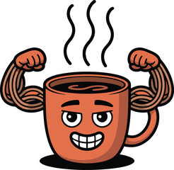 Grinning Strong Coffee Cup Mascot with Noodle Muscles - Hot Morning Energy Drink Vector Illustration