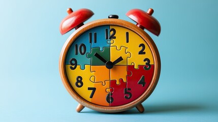 Colorful puzzle clock showing time management concept.