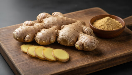 A rustic still life of fresh ginger root, with some sliced and some ground into powder, arranged on a wooden cutting board.
