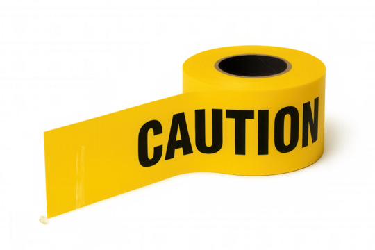 Yellow caution tape roll unwinding, signifying danger, risk, alert, and restricted access on transparent background