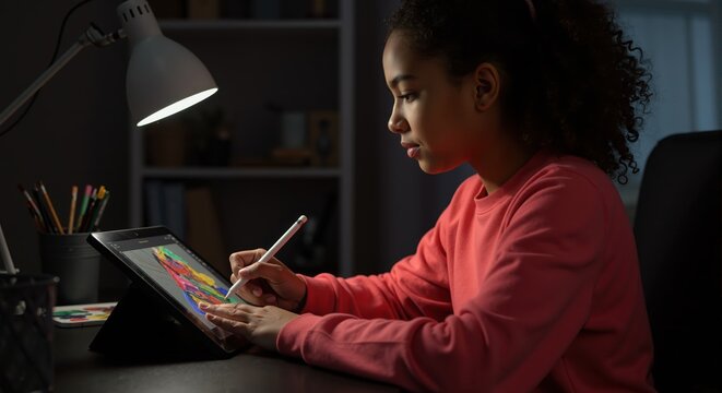 A creative young girl drawing on a digital tablet with a stylus at night. A focused student learning digital art at her desk. E-learning and modern hobby concept.