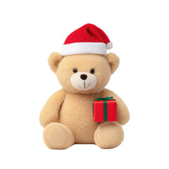 Adorable teddy bear in santa hat holding a red christmas gift box