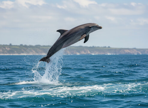A playful dolphin leaps gracefully out of the sparkling blue ocean, creating a dynamic and joyful scene of marine life.