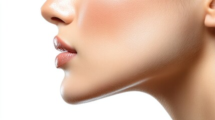 Close-up profile view of a woman's face, showcasing smooth skin, defined jawline, and natural lip color against a white background.