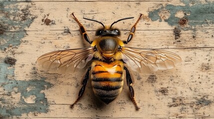Close-up view of a bee on weathered wood.