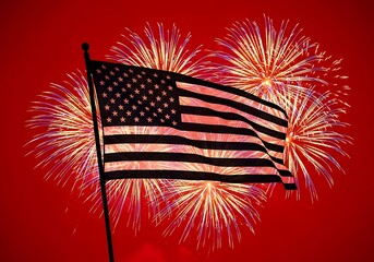 American Flag with Fireworks on Red Background.