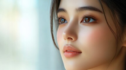 Close-up portrait of a young woman with flawless skin and brown eyes, looking thoughtfully off-camera.