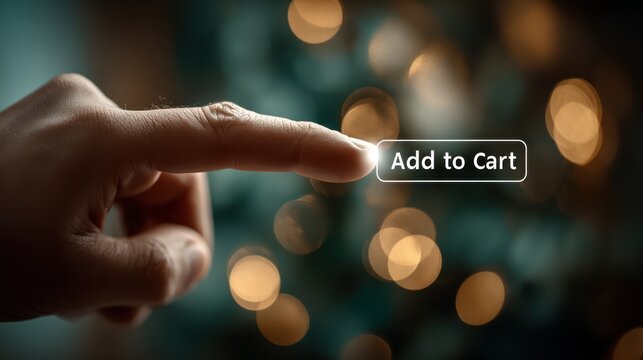 E-commerce action hand clicking add to cart button online shopping interactive environment close-up view for digital marketing