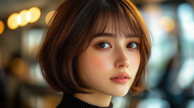 Close-up portrait of a young woman with brown bob haircut and bangs, looking directly at the camera.