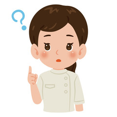 白色のケーシーを着た疑問を持つ女性　上半身イラスト／Confused woman wearing a white medical tunic　upper body illustration