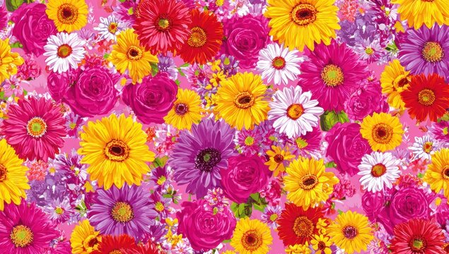 A vibrant floral pattern of varied flowers in bright colors against a pink background
