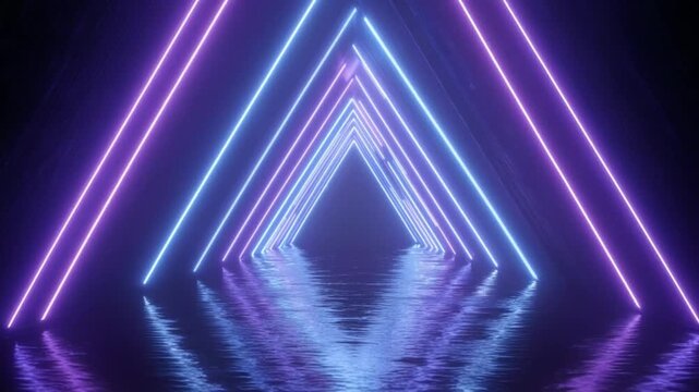 Futuristic tunnel with glowing purple and blue neon triangle lights reflecting on floor. - Powered by Adobe