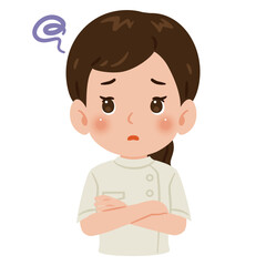白色のケーシーを着た困る女性　上半身イラスト／Troubled woman wearing a white medical tunic　upper body illustration