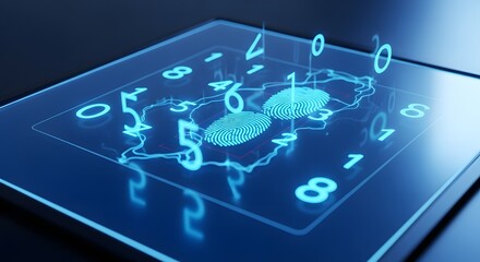 Digital Security Interface: Two fingerprint signatures converge on a luminous touchscreen display, surrounded by an array of glowing numbers, symbolizing security