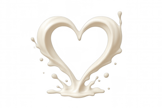 Milk splash creating a heart shape, creamy liquid stream representing love and healthy dairy products