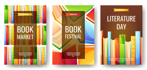 Poster with colorful books in different positions, on a dark background with text. A poster template for a book market. Book lover, bookstore, library, reading concept, book festival. World Book Day