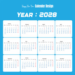  Happy new year 2028 calendar design with monthly grid layout