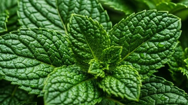 Closeup of fresh green mint leaves showing intricate texture and vibrant color