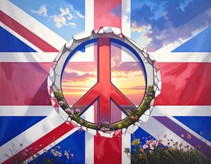 Peace symbol breaking through a British flag