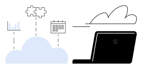 Laptop connected to a cloud symbol with graphs, puzzle, and calendar icons. Ideal for technology, productivity, data management, cloud storage, digital tools, teamwork simple flat metaphor