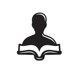 Black silhouette of a person reading an open book against a white background vector