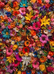 A vibrant, densely packed floral arrangement with numerous flower types in a vivid array of colors