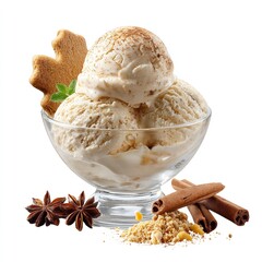 Ice cream scoops in a glass bowl with spices and a gingerbread cookie on a white background close up