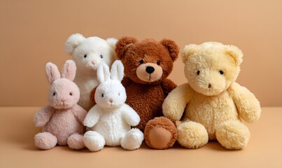 a group of cute plush toys, including a teddy bear and a rabbit doll, in a plush toy set