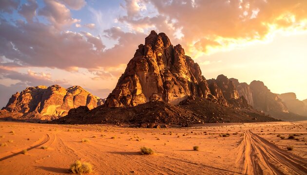 Rugged desert mountain peak at golden sunset