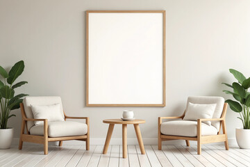  wall background design with empty frame and interior design of chairs and tables. 3d rendering.