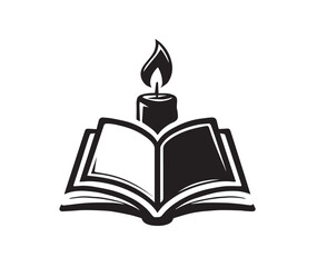 Open book with lit candle on top in black and white graphic style flame