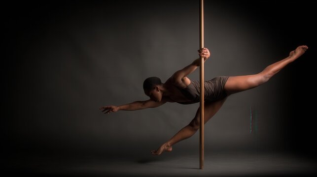 Realistic full body photo of a young woman dancing on a pole in a modern studio with cinematic lighting and graceful dynamic movement. - Powered by Adobe