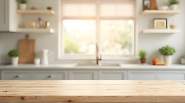 Bright, airy kitchen scene with a clean wooden table in the foreground, perfect for food photography or lifestyle content.