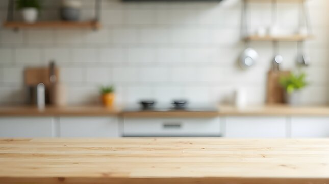 Bright, modern kitchen counter with blurred background, perfect for product placement and culinary content creation