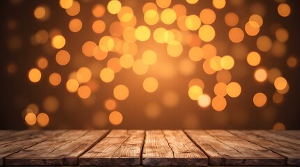 Warm golden bokeh lights softly illuminate a rustic wooden table, creating a cozy, inviting atmosphere perfect for festive celebrations and elegant product displays.