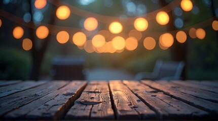Warm inviting string lights glow over rustic wooden table creating magical evening ambiance for outdoor gatherings and celebrations
