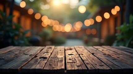 Warm evening ambiance with rustic wooden table foreground and glowing fairy lights creating a magical outdoor setting for events or dining