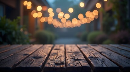 Cozy evening ambiance with rustic wooden table and warm bokeh string lights creating a magical outdoor atmosphere for gatherings.