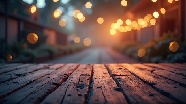 Warm string lights create a magical evening ambiance over a rustic wooden table, perfect for outdoor celebrations and cozy gatherings.
