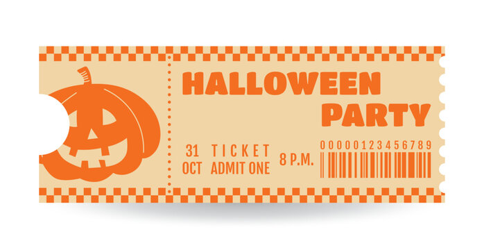Halloween party ticket template. Holiday event admission, admit one. Festive retro typography and spooky pumpkin on light background. Vector layout for themed events, promotions and entertainment.