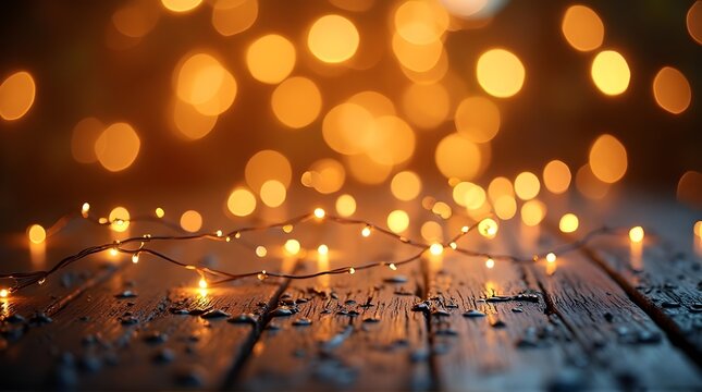 Golden fairy lights twinkle on rustic wooden surface, creating a magical ambiance perfect for holiday greetings or festive celebrations