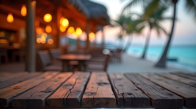 Serene beachside restaurant setting at sunset with warm lights and ocean view, perfect for tranquil dining experiences.