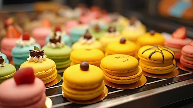 Colorful assortment of mini macarons arranged in rows within a display case at bakery