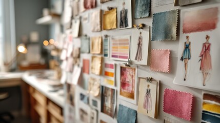 Creative design inspiration mood board featuring curated fabric samples in a modern studio environment artistic viewpoint